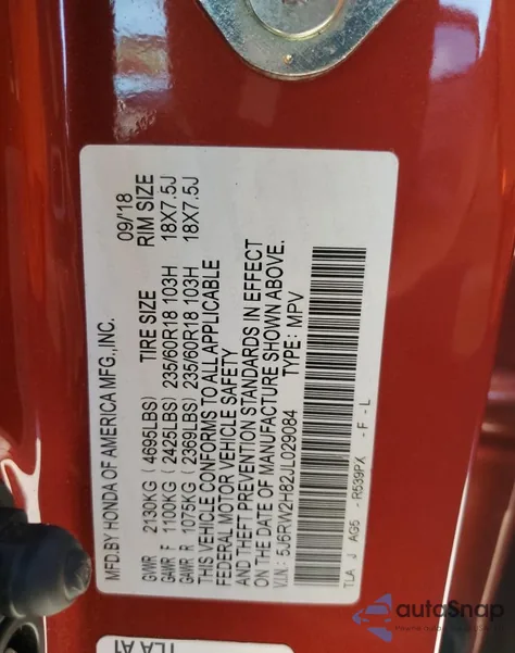 2018 Honda Cr-V Exl из США, поврежденный, VIN 5J6RW2H82JL029084